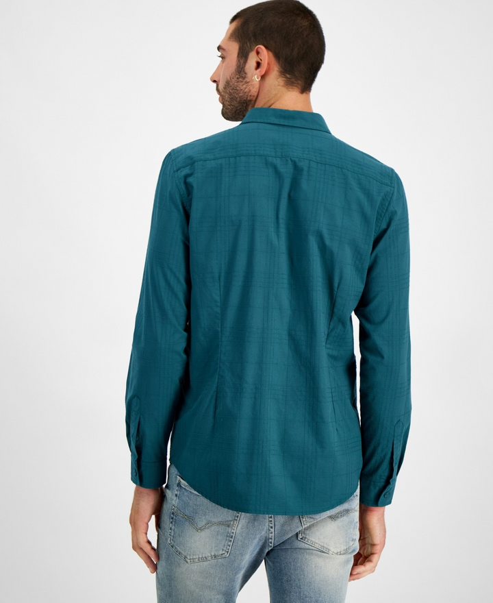 Translation missing: en.Guess Men's Regent Slim-Fit Tonal Stitched Plaid Shirt True Teal-Small