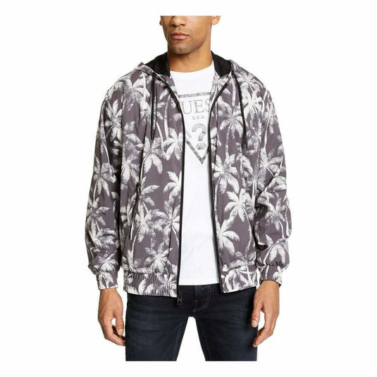 Translation missing: en.GUESS Men's Hooded Palm Tree Cool Weather Jacket Venice Palms Greyscale-Size 2XL