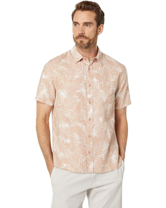 Translation missing: en.Vince Men's Linen Blend Palm Print Short Sleeve Shirt in Dk Rosewater - Size XL