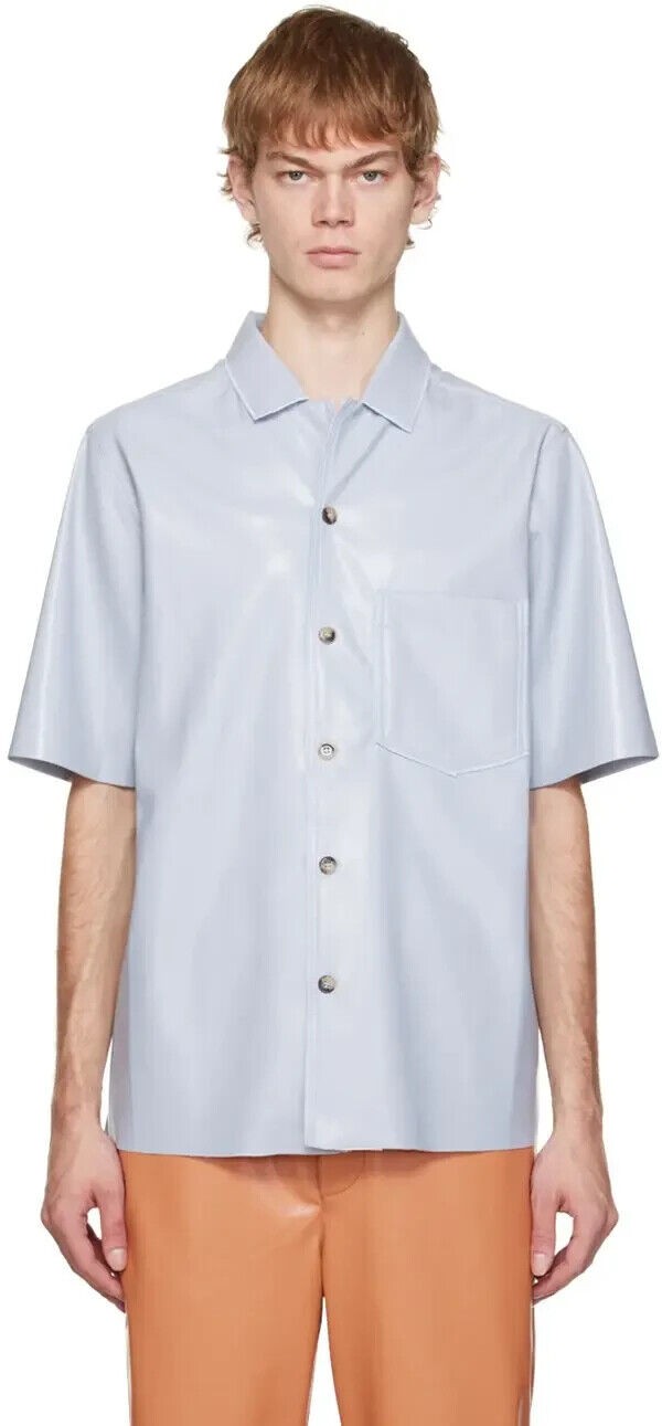 Translation missing: en.Nanushka Bodil Dusty Blue Okobor Faux Leather Camp Shirt-Small