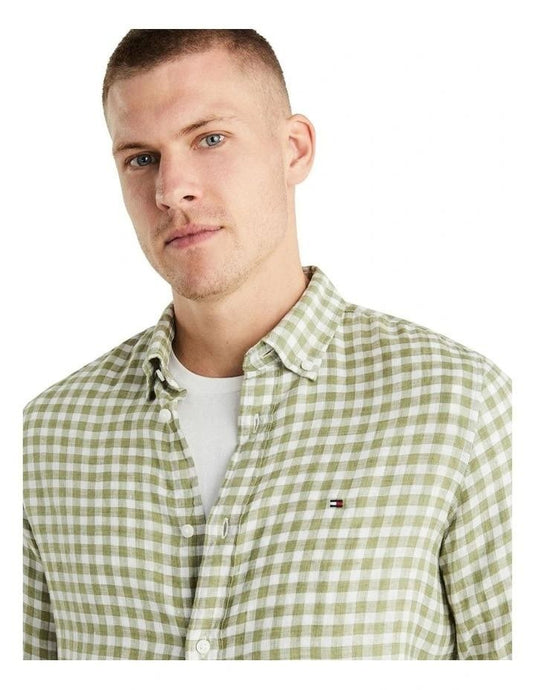 Translation missing: en.Tommy Hilfiger Men's Slim-Fit Gingham Check Linen Shirt Faded Olive  White-Small