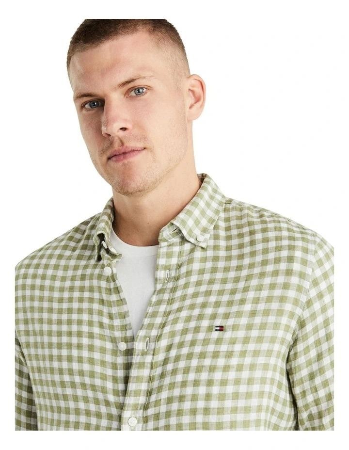 Translation missing: en.Tommy Hilfiger Men's Slim-Fit Gingham Check Linen Shirt Faded Olive  White-Small
