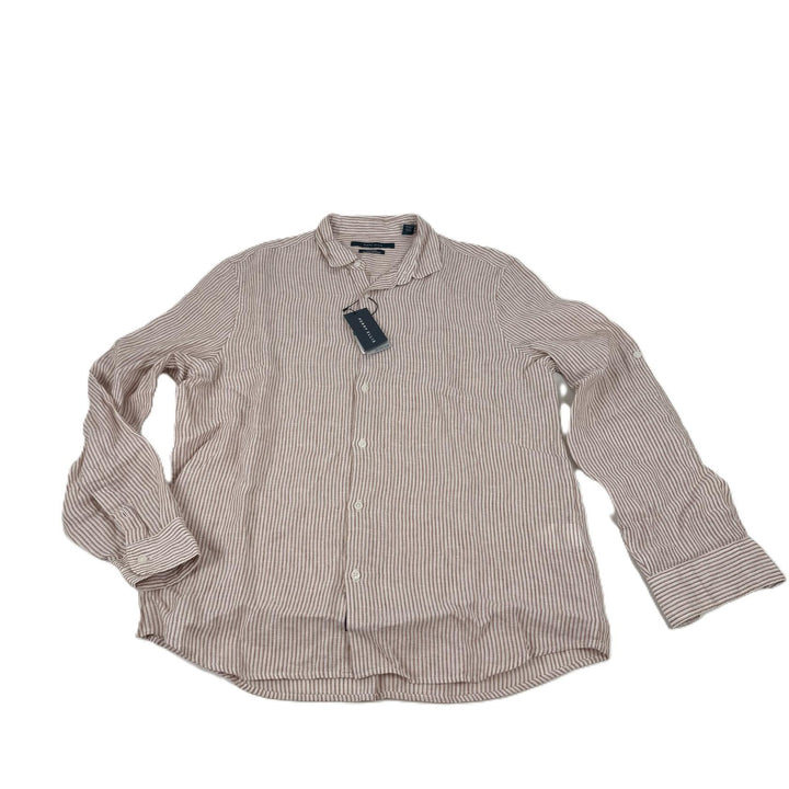 Translation missing: en.Perry Ellis Stripe Linen Roll-Sleeve Woven Button Down Shirt Copper Brown-Large