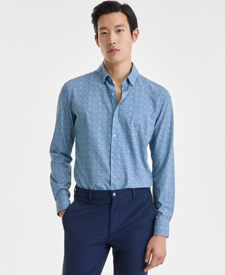 Translation missing: en.Alfani Men's Illusion Geo Print Button-Front Performance Shirt Blue Fog-2XL