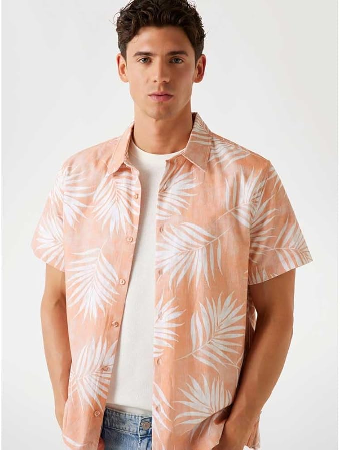 Translation missing: en.Guess Men's Regular-Fit Textured Palm-Print Button-Down Shirt Pink-Medium