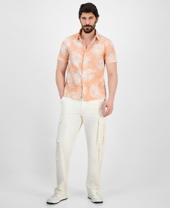 Translation missing: en.Guess Men's Regular-Fit Textured Palm-Print Button-Down Shirt Pink-Medium