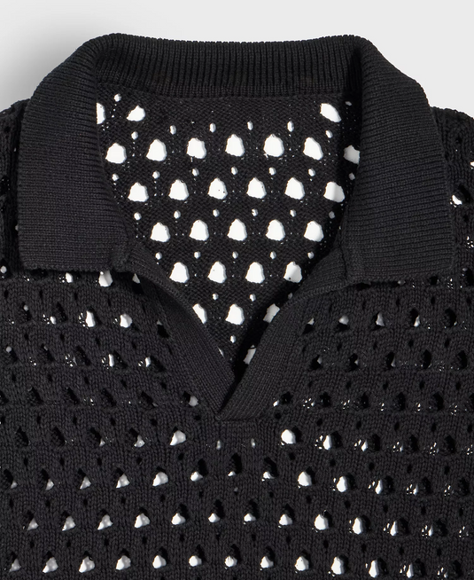 Translation missing: en.Mode of One Men's Johnny-Collar Open-Stitch Short-Sleeve Sweater Black-Medium