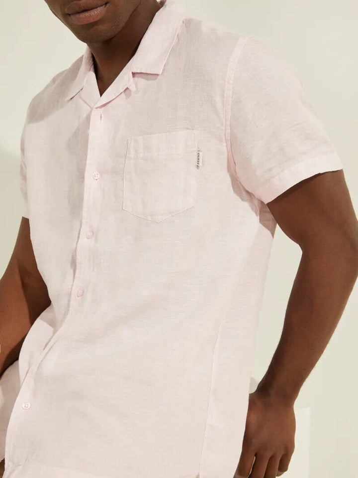 Translation missing: en.Guess Men's Regular Fit Eco Linen Camp Shirt in Blossom Light Pink Multi-Medium