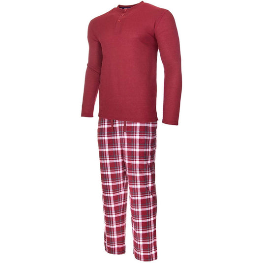 Translation missing: en.isotoner Mens Thermal Sleep Set Soft Jersey Knit Top Flannel Bottom Red-Large