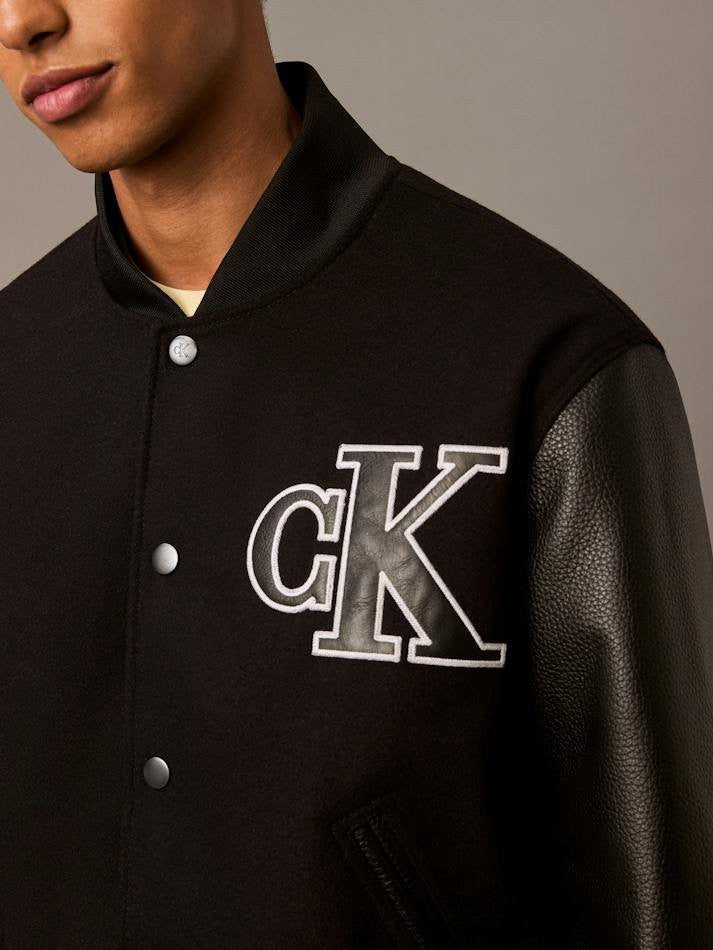 Translation missing: en.Calvin Klein Men's Varsity Monogram Wool Blend Bomber Jacket Black-Medium