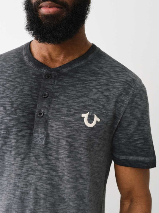 Translation missing: en.True Religion Henley Shirt Men's 2XL Jet Black Short Sleeve Dyed Embro Cotton