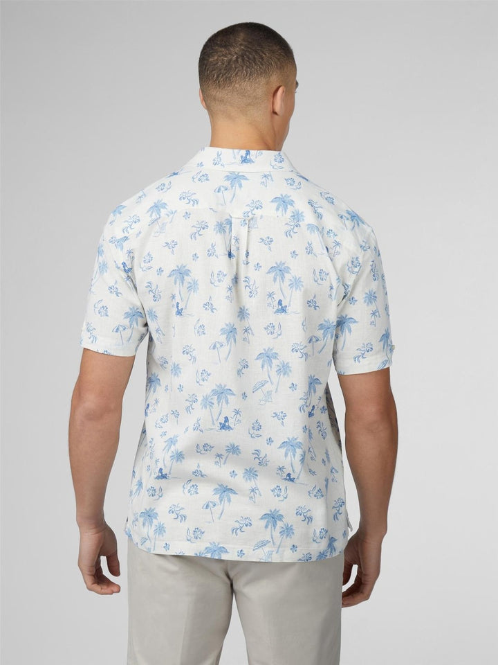 Translation missing: en.Ben Sherman Resort Tropical Print Linen &amp; Cotton Camp Shirt in Ivory Blue-Medium