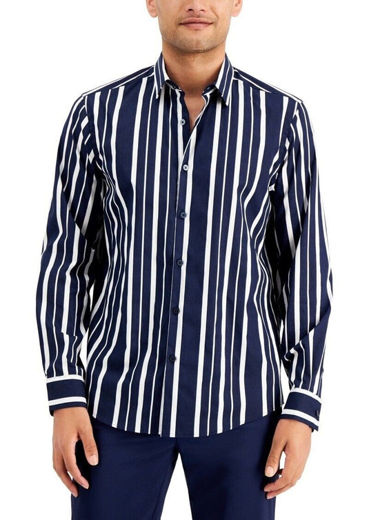 Translation missing: en.Alfani Men's All Cotton Vertical Striped Shirt in Navy-Size Large