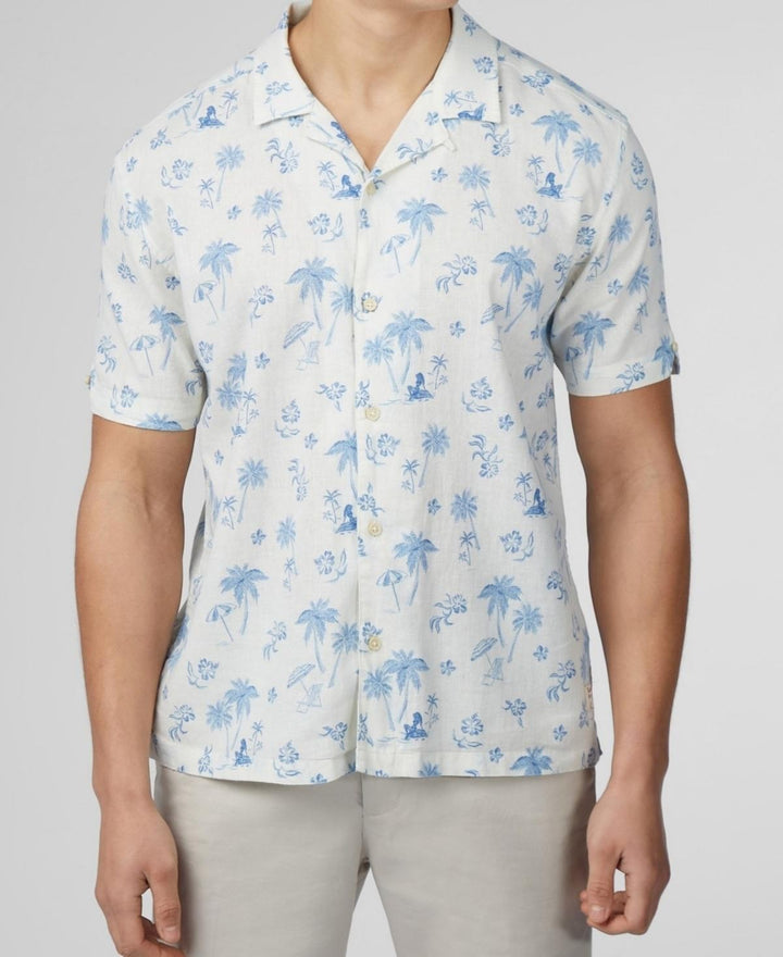 Translation missing: en.Ben Sherman Resort Tropical Print Linen &amp; Cotton Camp Shirt in Ivory Blue-Medium