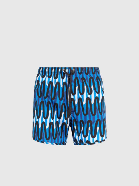 Translation missing: en.Neil Barrett Slim Fit Scribble Print Swim Trunks in Blue, Black, White-Size 2XL