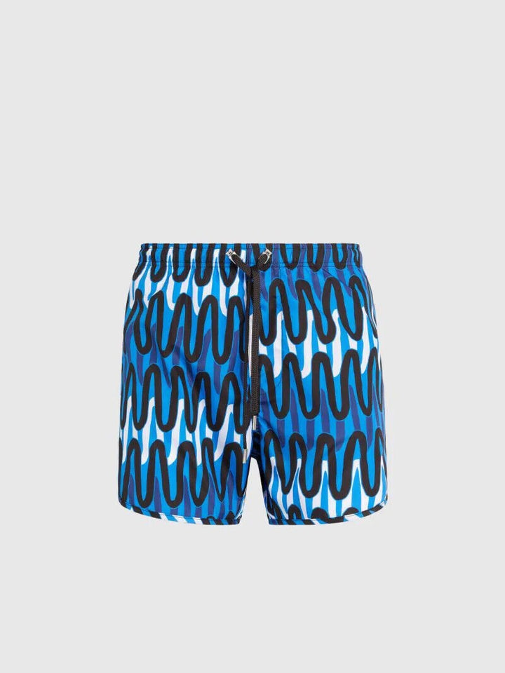 Translation missing: en.Neil Barrett Slim Fit Scribble Print Swim Trunks in Blue, Black, White-Size 2XL