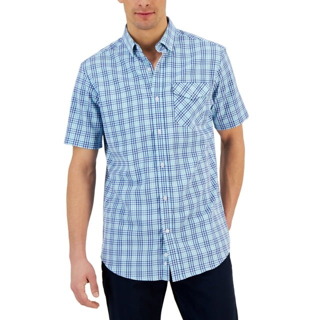 Translation missing: en.Club Room Men's Short-Sleeve Justin Plaid Tech Woven Shirt Island Blue-Medium