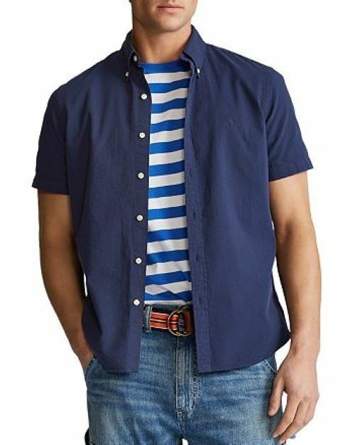 Translation missing: en.The Men's Store Premium Seersucker Solid Classic Fit Button-Down Shirt Navy-XL