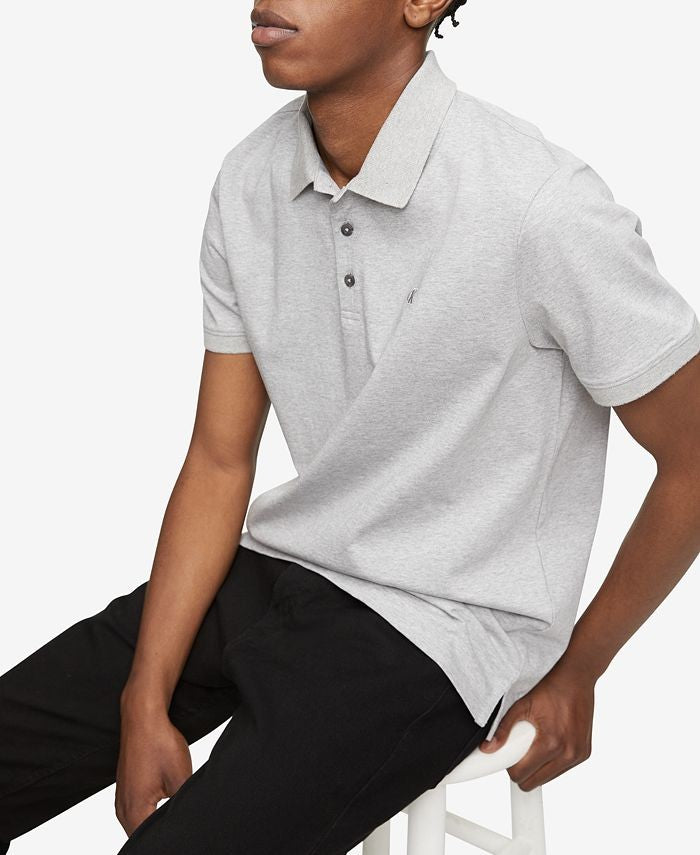 Translation missing: en.Calvin Klein Men's Reg-Fit Smooth Cotton Monogram Logo Polo Shirt Grey Htr-XL