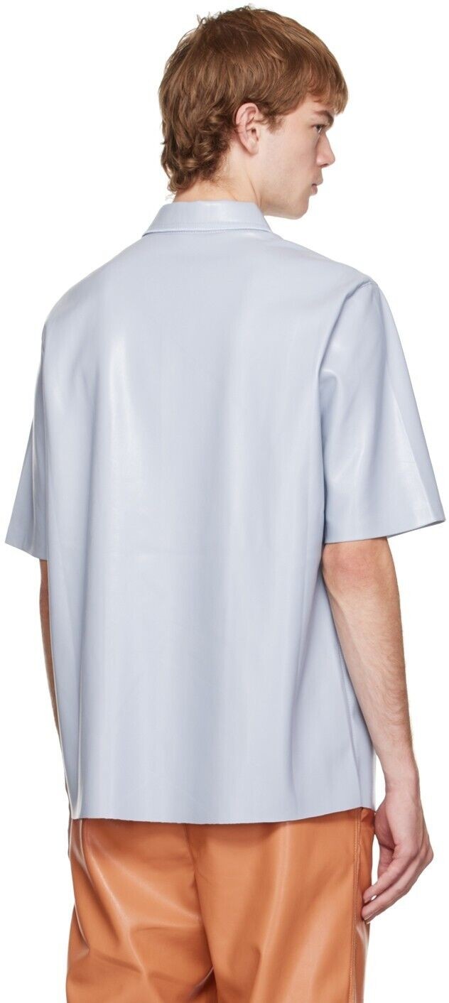 Translation missing: en.Nanushka Bodil Dusty Blue Okobor Faux Leather Camp Shirt-Small