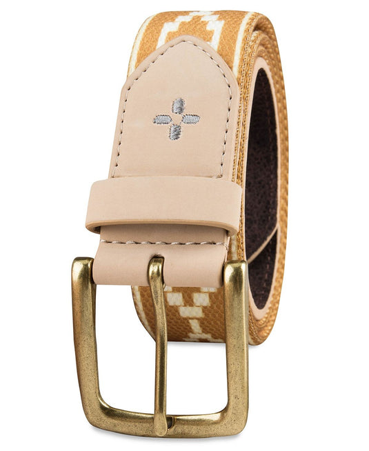 Translation missing: en.A rolled-up leather belt with a tan and white geometric pattern, a light beige leather keeper tab with a silver embroidered cross, and a gold-tone metal buckle, shown on a white background