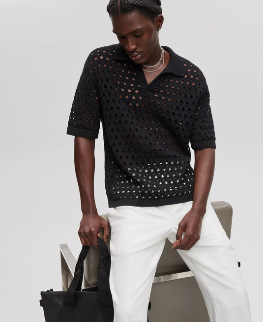 Translation missing: en.Mode of One Men's Johnny-Collar Open-Stitch Short-Sleeve Sweater Black-Medium