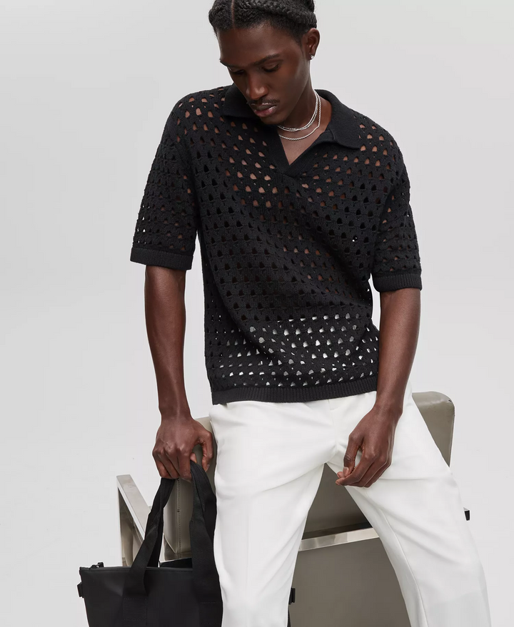 Translation missing: en.Mode of One Men's Johnny-Collar Open-Stitch Short-Sleeve Sweater Black-Medium