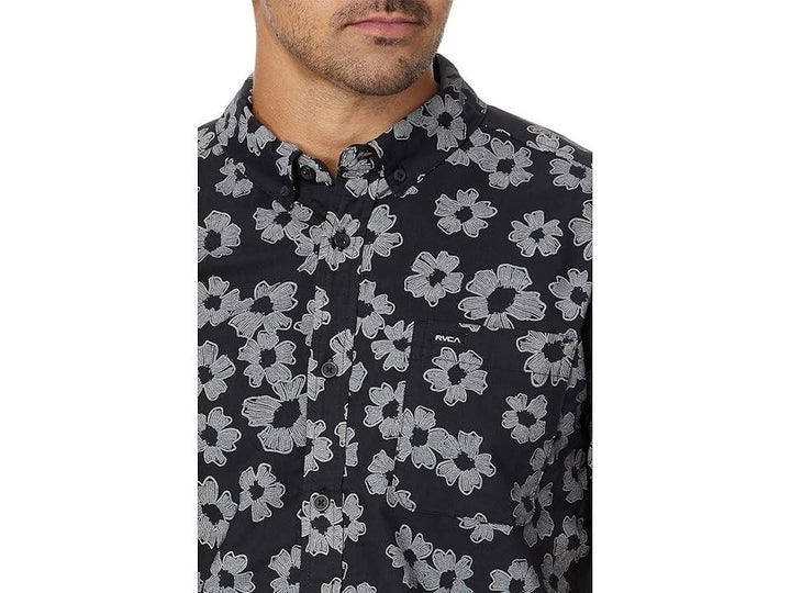 Translation missing: en.RVCA Men's Slim Fit That'll Do Print Short Sleeve Woven Black Floral Shirt Large