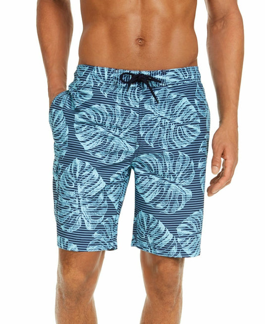 Translation missing: en.Club Room Men's Stripe Leaf-Print 9" Board Shorts Navy Combo Size Small 29-31