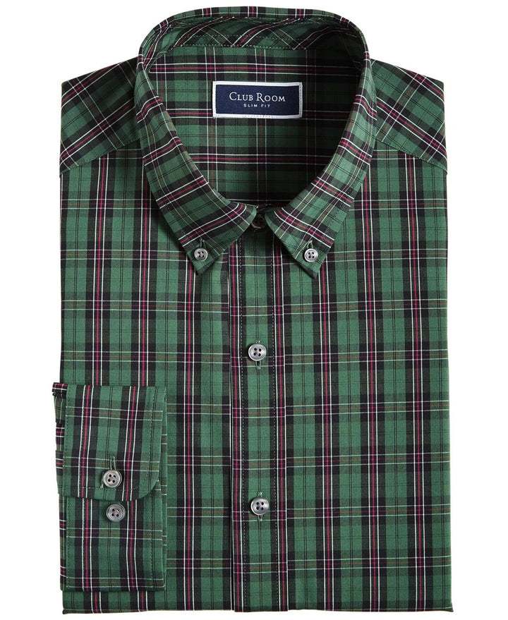 Translation missing: en.Club Room Mens Slim Fit 4-Way Stretch Plata Plaid Dress Shirt Green-Small