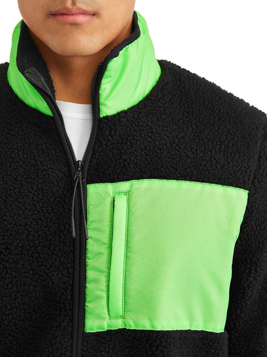 Translation missing: en.WeSC Moritz Mixed-Media Sherpa Slim Fit Fleece Jacket Black Neon Green-Size Sm