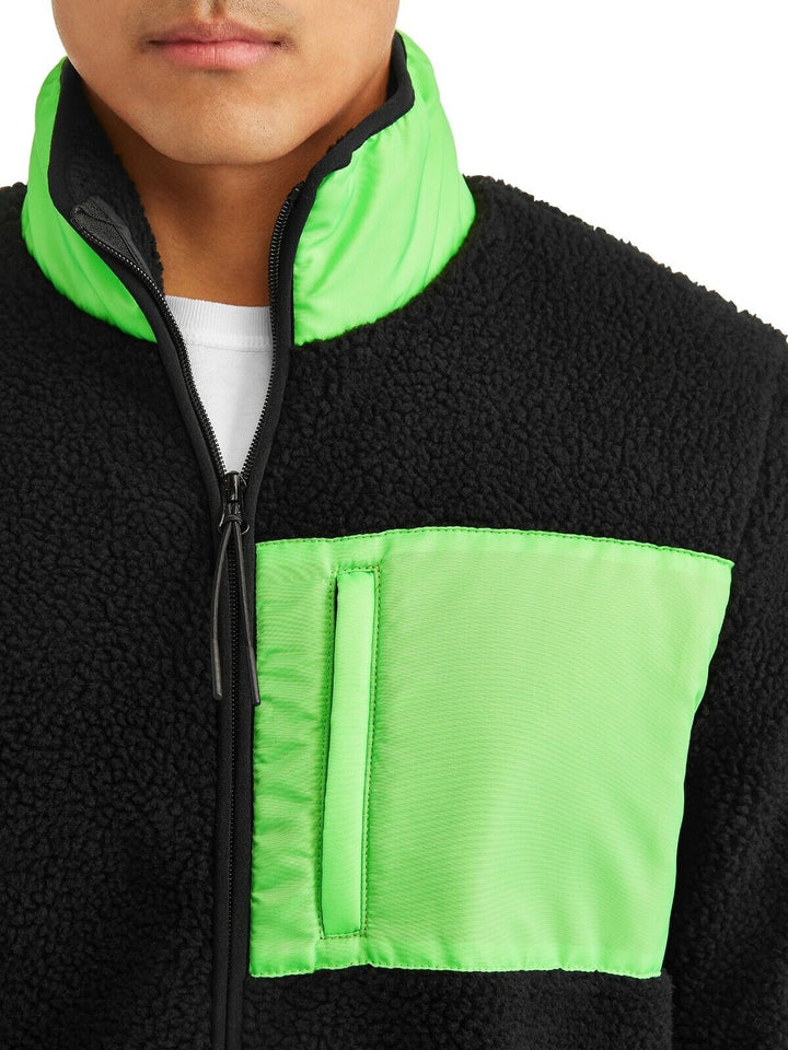 Translation missing: en.WeSC Moritz Mixed-Media Sherpa Slim Fit Fleece Jacket Black Neon Green-Size Sm