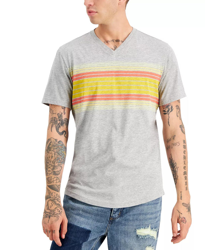 Translation missing: en.Sun + Stone Men's Southwest Stripe V-Neck T-Shirt in Pewter Grey-Size Medium