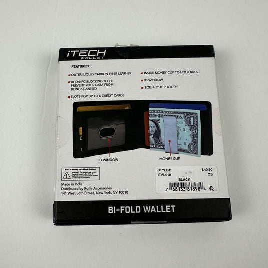 Translation missing: en.iTech Men's Bi-Fold Wallet &amp; Money Clip - Black 3" L x 1/4" W x 4" H