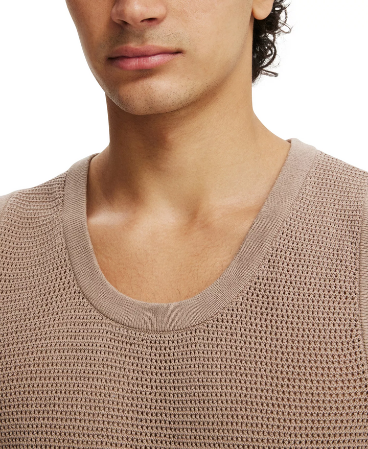 Translation missing: en.Cotton On Men's Open Knit Tank Top Loose Fit in Taupe-Medium