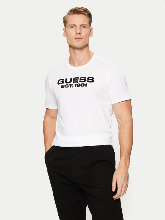 Translation missing: en.Guess Men's T-Shirt Size 2XL Pure White Slim-Fit Embossed Velvet Logo Graphic