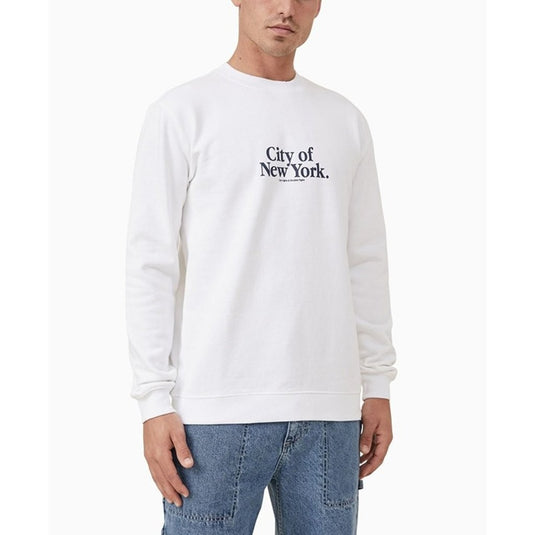 Translation missing: en.Cotton On Men's Graphic Crew Fleece Sweatshirt City of New York in White-XL