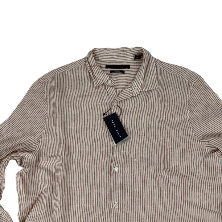 Translation missing: en.Perry Ellis Stripe Linen Roll-Sleeve Woven Button Down Shirt Copper Brown-Large