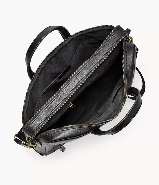 Translation missing: en.Fossil Men's Haskell Double Zip Leather Workbag Briefcase Black 16 x 3 x 12.5