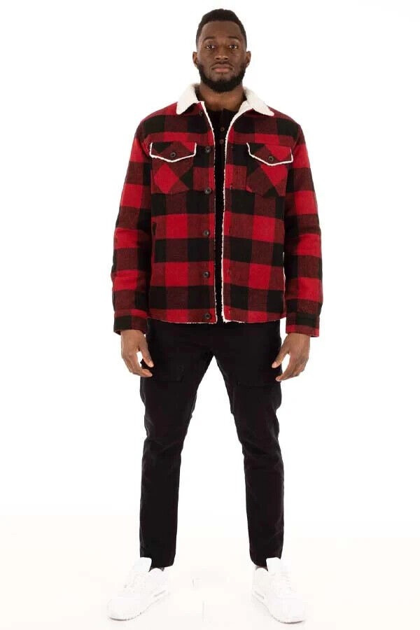 Translation missing: en.Hedge Men's Sherpa Lined Plaid 25V9 Woven Jacket Red Plaid- Size Medium
