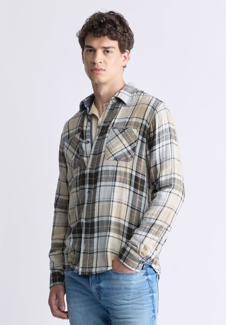 Translation missing: en.Buffalo David Men's Saolo Woven Plaid Cotton Shirt in Tan-Size Large