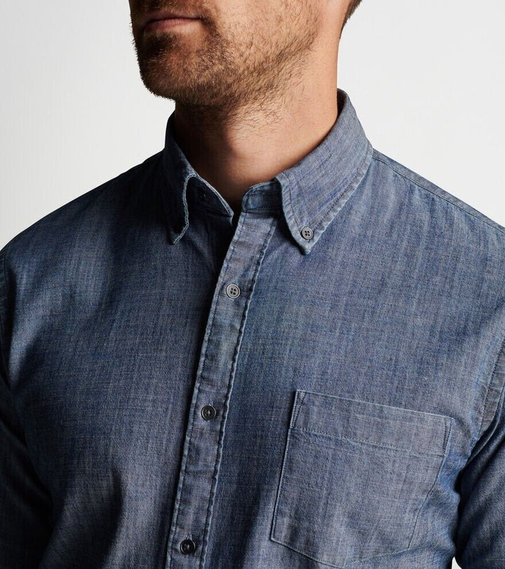 Translation missing: en.Peter Millar Men's Tamworth Chambray Sport Shirt in Indigo Blue-Size Small