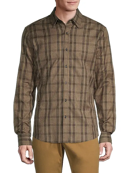 Translation missing: en.Michael Kors Men's Mini Thames Checked Cotton Button-Down Shirt Brown-Large