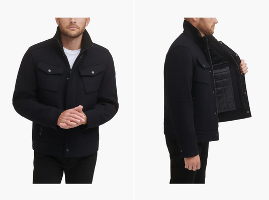Translation missing: en.Kenneth Cole Mens Textured Wool Blend Sherpa Inner Collar Jacket Black-Medium