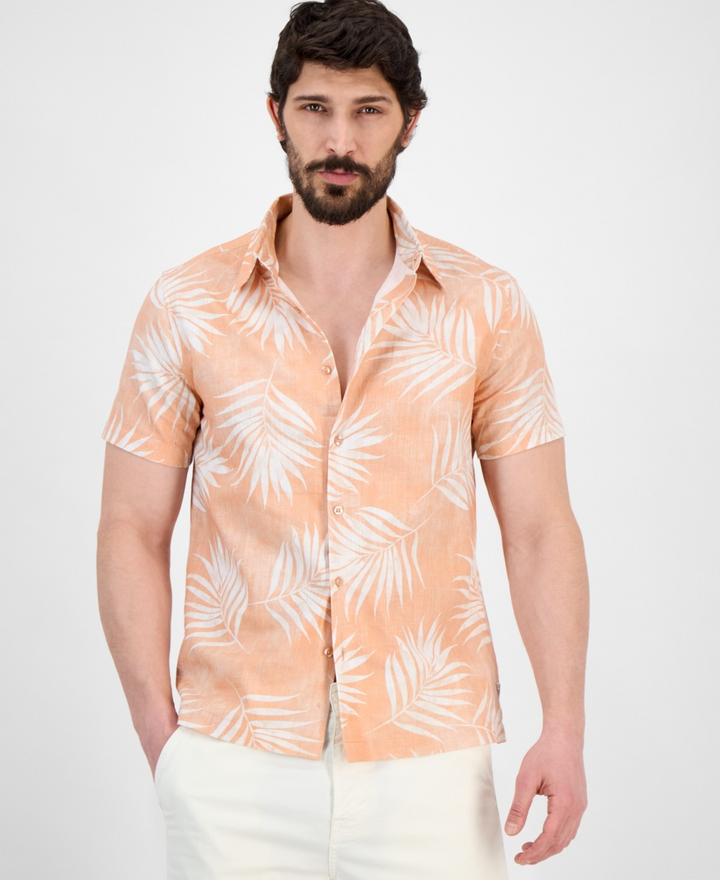 Translation missing: en.Guess Men's Regular-Fit Textured Palm-Print Button-Down Shirt Pink-Medium