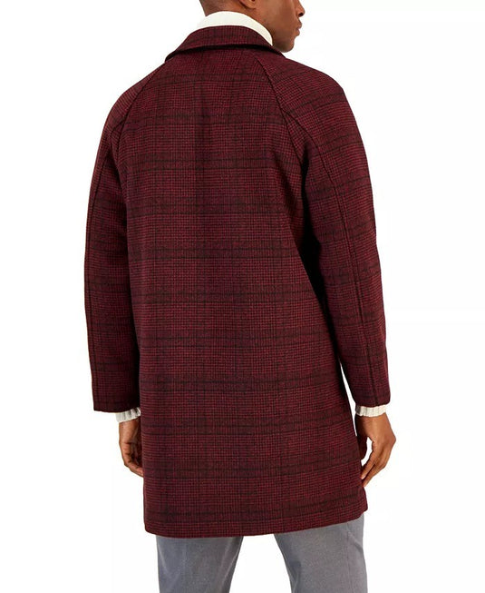 Translation missing: en.Alfani Men's Balmacaan Poly-Wool Plaid-Pattern Dual-Pocket Top Coat Merlot-Small