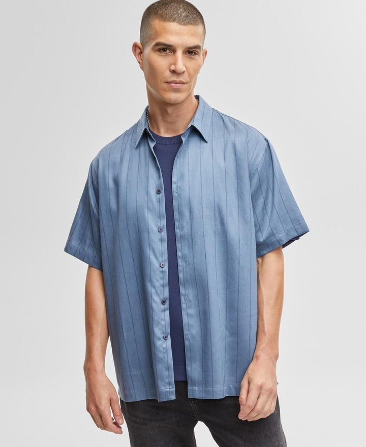 Translation missing: en.Mode of One Mens Relaxed-Fit Striped  Woven Button Shirt Blue Asphalt-Medium