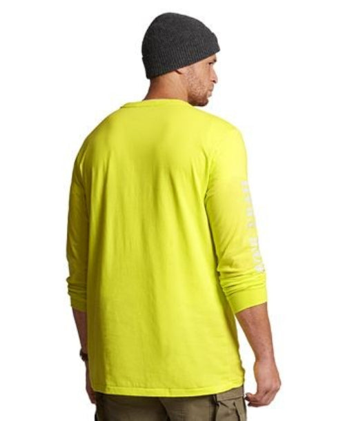 Translation missing: en.A man wearing a bright neon yellow long-sleeve shirt and a dark gray beanie, shown from the back against a plain white background