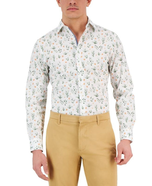 Translation missing: en.Bar III Men's Slim-Fit Cactus-Print Dress Shirt White Olive-Small 14-14.5