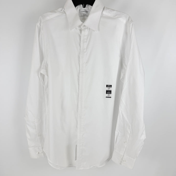 Translation missing: en.Calvin Klein Mens Dress Shirt Steel Stretch Slim Fit Covered Placket White-16